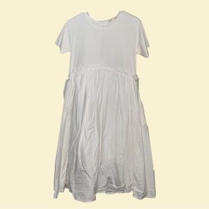 White, cinching, ruffle, midi dress